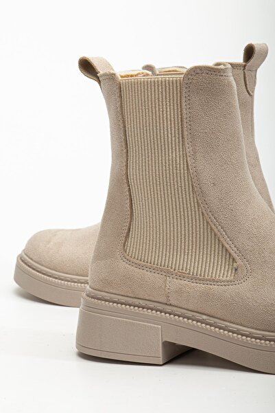 Hayalimdeki Ayakkabı Kadın Lastikli Günlük Bej Süet Kalın Tabanlı Bot