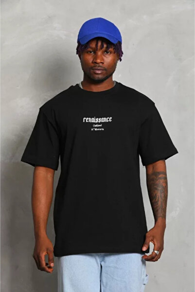 Wear Up Unisex Oversize εμπριμέ μπλουζάκι με λαιμόκοψη - Μαύρο