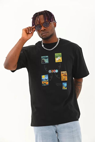 Wear Up Unisex Oversize εμπριμέ μπλουζάκι με λαιμόκοψη - Μαύρο
