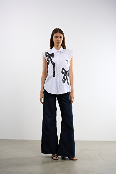 HANIQA Bow Printed Zero Sleeve Shirt