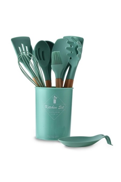 OEM Set 12 ustensile de bucătărie cu mâner din lemn, turcoaz