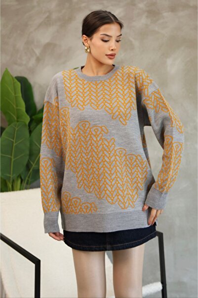 LADY HAZAL Gray Crew Neck Soft Textured Striped Knitwear Hijab Sweater