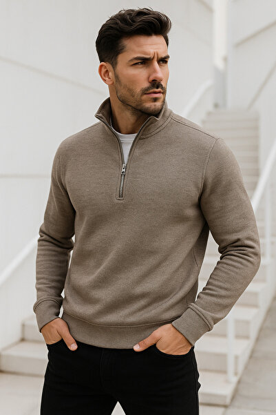 Rich Ανδρικό φούτερ με μισό φερμουάρ σε μπεζ χρώμα