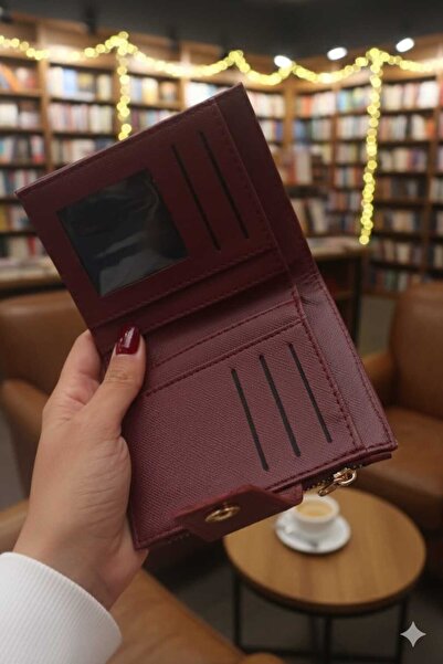 mlio Burgundy Multi-Compartment Wallet Buckle Leather Look Wallet Card Holder
