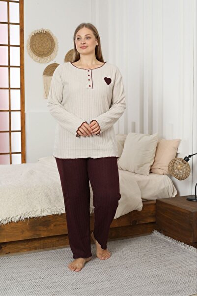 FORVENS Plus Size Embroidered Cotton Heart Detailed Pajama Set