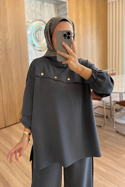 Ka Hijab Gold Button Detail Modal Set - Anthracite