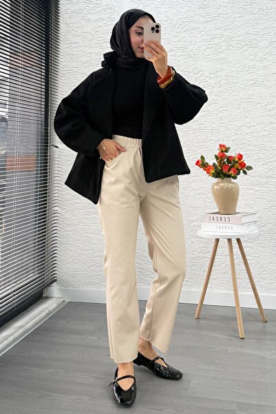 MELEK ARAZ Premium Havuç Kesim Deri Pantolon – Krem
