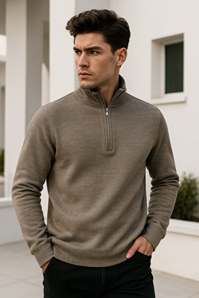 Rich Ανδρικό φούτερ με μισό φερμουάρ σε μπεζ χρώμα