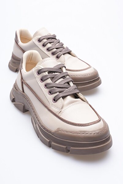 Mubiano Kadın Deri Sneaker Bağcıklı Spor Ayakkabı Bej Mareo