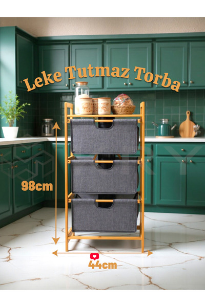 KRY 3 Katlı Çekmeceli Bambu Ayaklı Dolap – Ahşap Organizer Oyuncak & Banyo Dü...