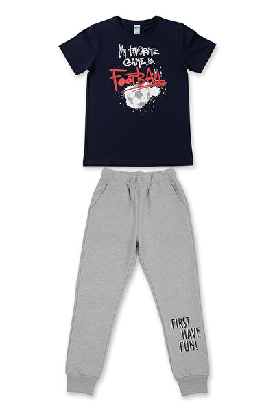 Little Frog Cotton Short Sleeve Pocketed Leg Band Boys Pajama Set |   Navy Blue