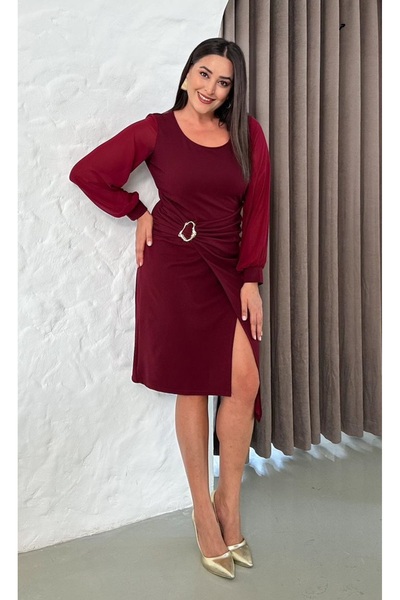 Butik Nilyam Women's Plus Size Crew Neck Chiffon Sleeve Brooch Detail Asymmetrical Cut Midi Stretchy Evening Dress 25043