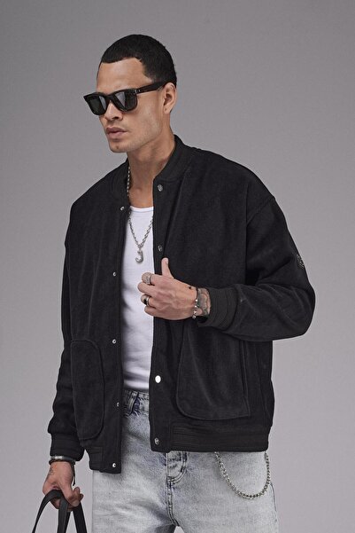 king brich Trend Biz College Collar Snap Closure Oversize Fleece Jacket