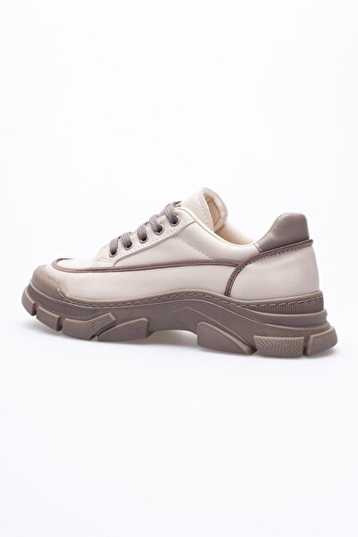 Mubiano Kadın Deri Sneaker Bağcıklı Spor Ayakkabı Bej Mareo