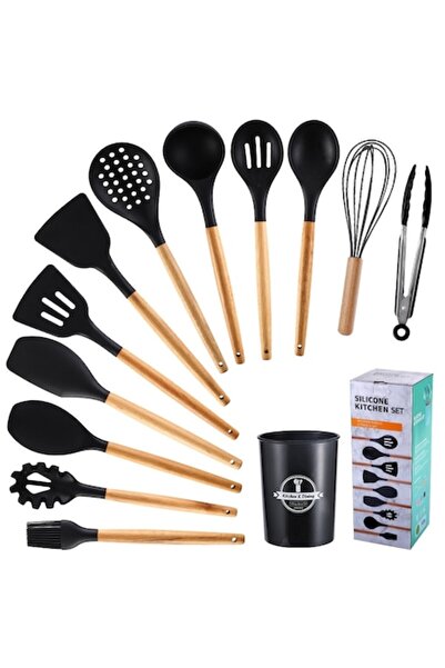 OEM Set 12 ustensile de bucătărie, Silicon/Lemn, Suport de depozitare, Negru