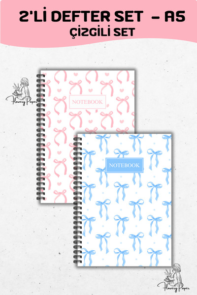 Flowery Paper Çizgili 2'li Telli Defter Seti A5,80 Yaprak 160 Sayfa Notepad, ...