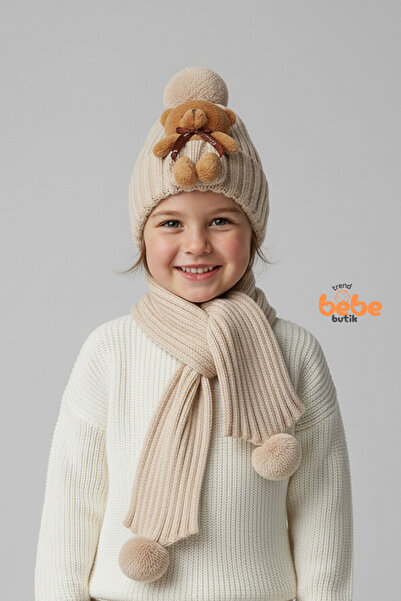 Trend Bebe Butik Dečija kapa i šal sa detaljnim pletenim medvedićem, set od 2...