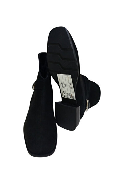 DRY SHOES Hakiki Deri Siyah Süet Kadın Bot Ayakkabı Küt Burun Kısa Topuklu Fermuarlı Tokalı DRY-2137