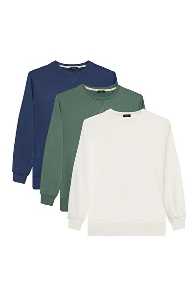 Tudors Unisex 3'lü Paket Beyaz-Yeşil-Mavi Relax Fit %100 Pamuk 3 İplik Bisikl...