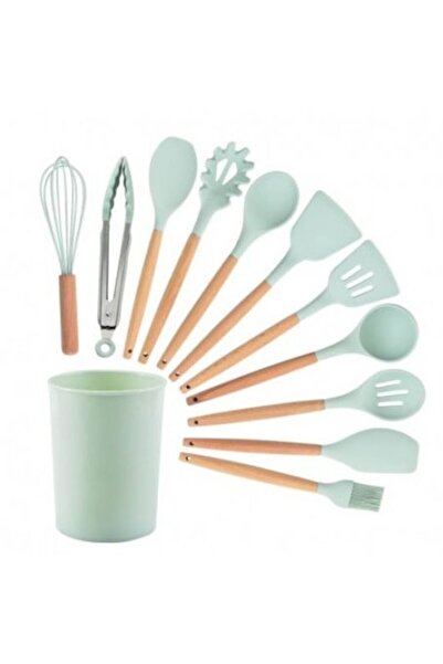 OEM Σετ 12 αντικολλητικά σκεύη μαγειρικής από τιρκουάζ σιλικόνη και ξύλο