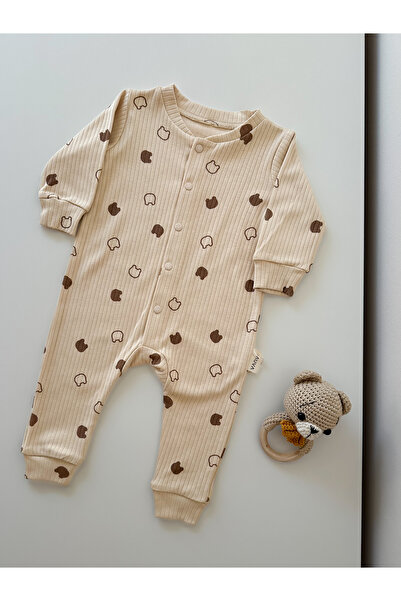 Luna Kids Store Teddy Bear Patterned Long Sleeve Beige Jumpsuit