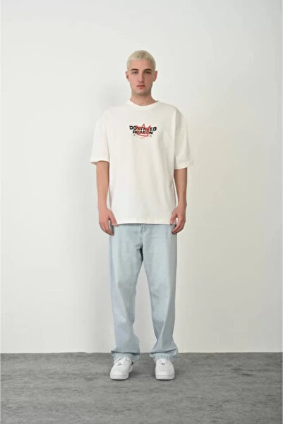 Wear Up Unisex εμπριμέ μπλουζάκι με λαιμόκοψη Oversize - Λευκό