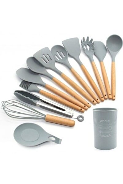 OEM Σετ 12 Αντικολλητικά Σκεύη Μαγειρέματος Γκρι με Σιλικόνη και Ξύλο
