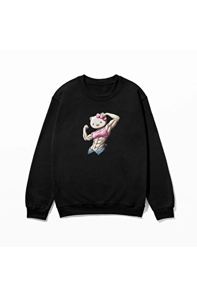 SVART WEAR Gym Kitty Sweatshirt Baskılı 100% Pamuk Oversize Trendy Fancy Funny Sweatshirt With Print