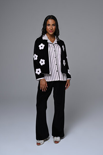 Lohusa Homewear Γυναικείο σετ πιτζάμες με μαύρο μπροστινό κουμπί, χειμερινό ε...