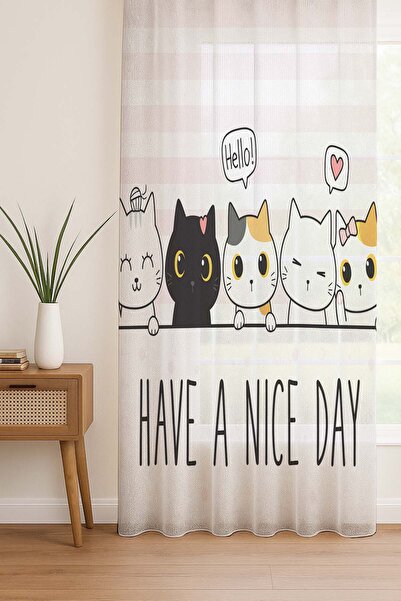 Else Halı Minik Kedili Desenli Dijital Baskı Tül Perde Salon Mutfak Yatak Odası 140x260cm