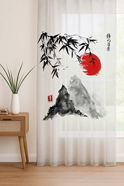 Else Dekor Japon Dağları Manzara Desenli Dijital Baskı Tül Perde Salon Mutfak...