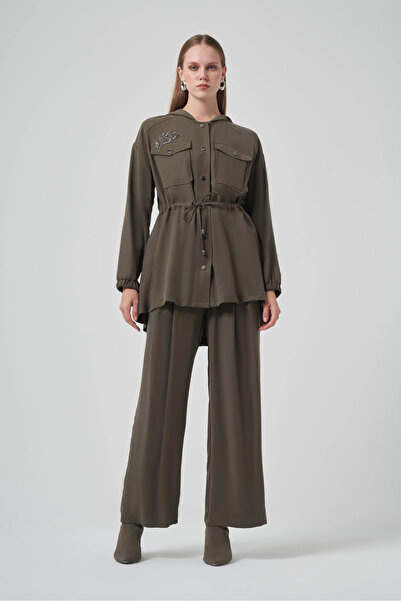 Nuss طقم بنطلون مطرز بالأحجار 1022 - كاكي