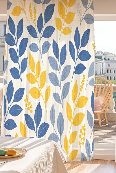 Else Dekor Yellow Navy Blue Floral Patterned Digital Printing Tulle Curtain Living Room Kitchen Bedroom 140X260Cm