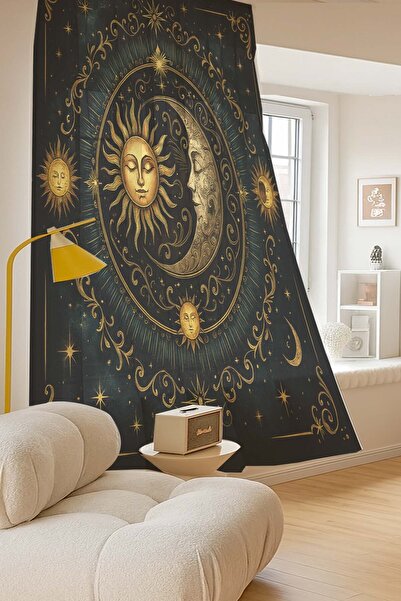 Else Dekor Moon Sun Astronomy Patterned Digital Printing Tulle Curtain Living Room Kitchen Bedroom 140X260Cm