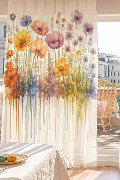 Else Dekor Ακουαρέλα Λουλούδια Μοτίβο Ψηφιακής Εκτύπωσης Τούλι Κουρτίνα Σαλόνι Κουζίνα Υπνοδωμάτιο 140x260cm