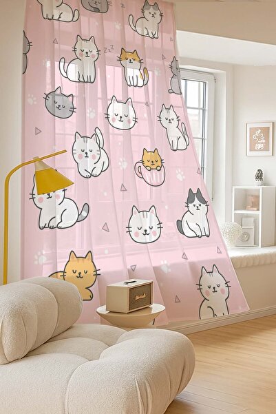 Else Dekor Pink Cute Cats Patterned Digital Printing Tulle Curtain Living Room Kitchen Bedroom 140X260Cm