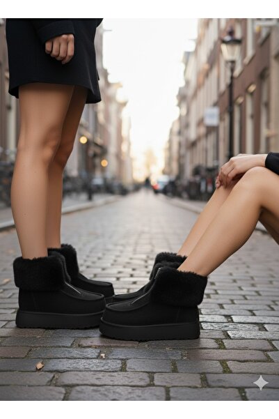 Shu Mhu Kışlık Kürk Detaylı Önden Fermuarlı 4 Cm Tabanlı Rahat Günlük Siyah Bot