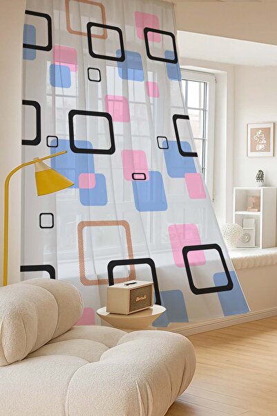 Else Dekor Blue Pink Geometric Patterned Digital Printing Tulle Curtain Living Room Kitchen Bedroom 140X260Cm