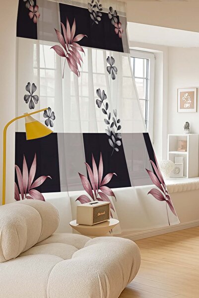 Else Dekor Geometric Floral Pattern Digital Printing Tulle Curtain Living Room Kitchen Bedroom 140X260Cm