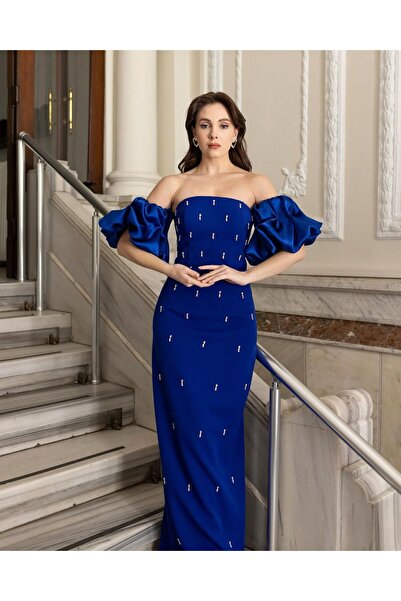 Riva Royal blue off-the-shoulder evening dress with puff sleeves and shimmering embroidery