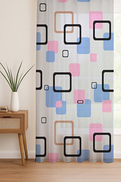Else Dekor Blue Pink Geometric Patterned Digital Printing Tulle Curtain Living Room Kitchen Bedroom 140X260Cm