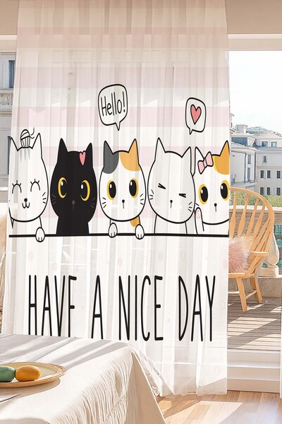 Else Halı Minik Kedili Desenli Dijital Baskı Tül Perde Salon Mutfak Yatak Odası 140x260cm