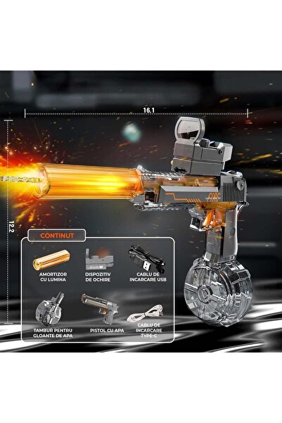 Timebox Electric Water Gun with Light and Silencer, Automatic Shooting up to 10m, 300 Jets, 2 Fire Modes, 4