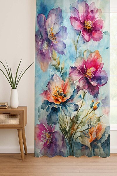Else Dekor Watercolor Floral Pattern Digital Printing Tulle Curtain Living Room Kitchen Bedroom 140X260Cm