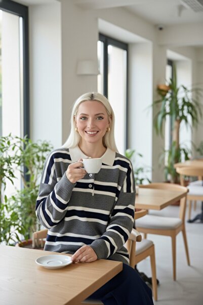 FLEX FASHION Women's Polo Collar Striped Trend Oversize Knitwear Sweater