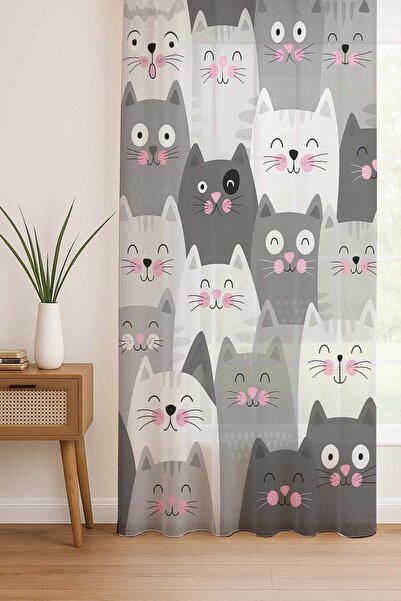 Else Dekor Gray White Cats Patterned Digital Printing Tulle Curtain Living Room Kitchen Bedroom 140X260Cm