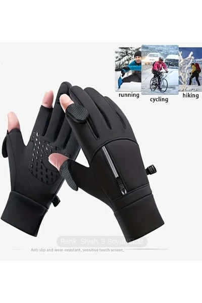 ÇEÇEN HOME İki Parmak Dokunmatik Eldiven-Kalınlaştırılmış Kış Kaymaz Bisiklet Balıkçılık Kayak ve Koşu Eldiveni