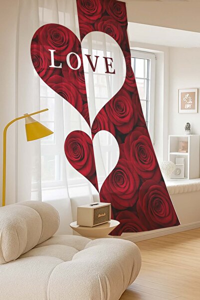 Else Dekor Red White Heart Love Floral Patterned Digital Printing Tulle Curtain Living Room Kitchen Bedroom 140X260Cm