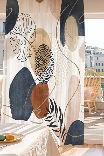 3D ELSE HALI Gri Kahve Minimal Desenli Dijital Baskı Tül Perde Salon Mutfak Y...