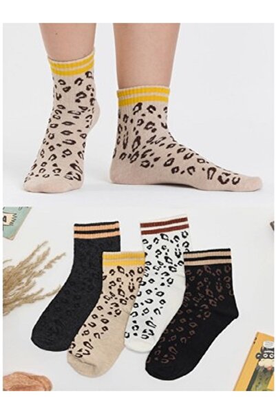 Genel Markalar Leopar Desenli Kolej Pamuklu Çorap 4 Lü